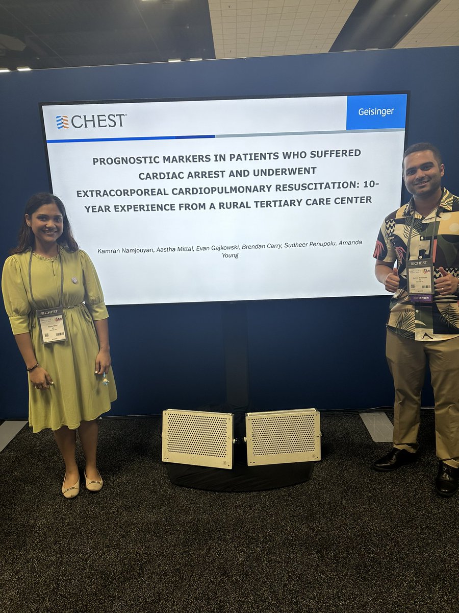 Rapid fire presentation on prognostic markers in patients with eCPR at Geisinger. Join us in rapid area 1C. 
Thanks to Drs. @penupolu and Dr. @brendan_carry for mentorship and guidance. 
#CHEST2023 #CHESTSoMe #eCPR #CHESTTrainees 
@accpchest @Geisinger_IM @geisingerPCCM