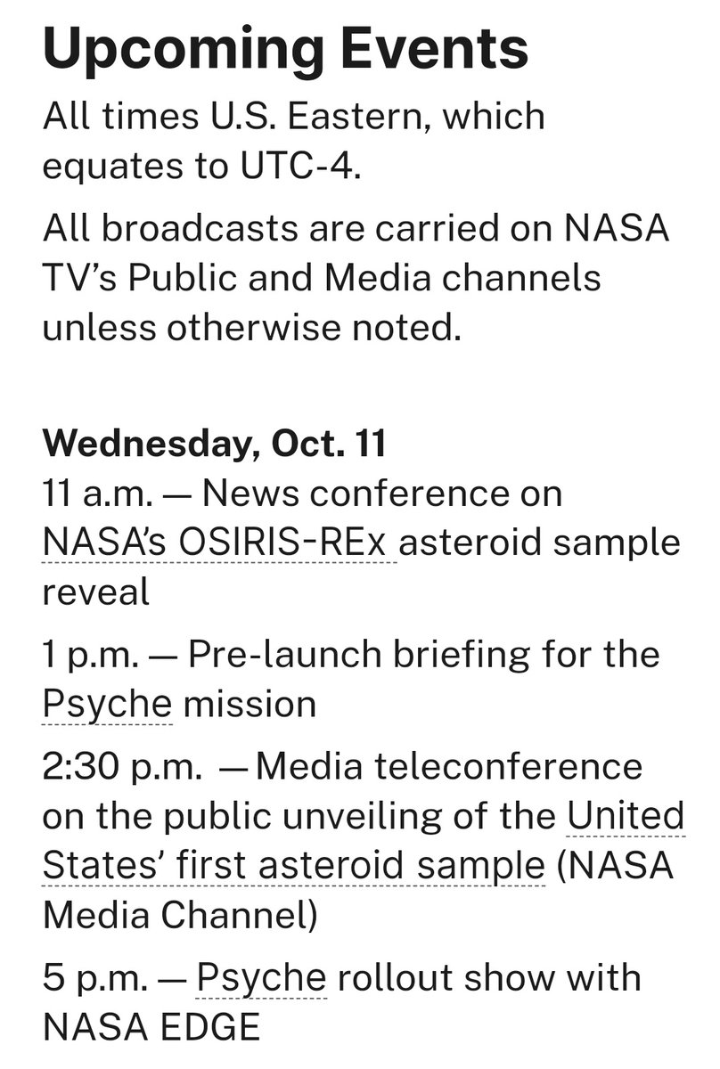 letiziadavoli's tweet photo. Oggi pomeriggio ore 17!!! NON MANCATE!!! 🫡
Qui sotto il programma dell'11 ottobre su #NASATV ⬇️
1. Prima conferenza stampa sul campione di #Bennu 
2. Briefing prelancio di #Psyche 
Preparate il tè e se volete, mangiando biscottini, ci troviamo qui su @X!! 
🫖🍪🚀🛰 https://t.co/e3BGTtMnqc