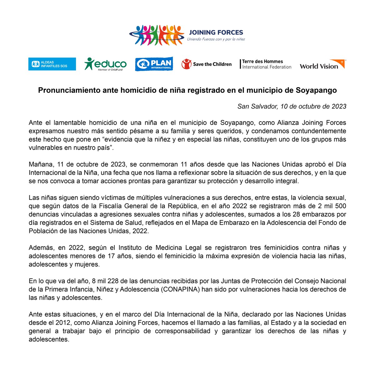 WorldVisionSV's tweet photo. #Pronunciamiento

Como Alianza Joining Forces nos pronunciamos ante homicidio de niña registrado en el municipio de Soyapango. 

#JoiningForces https://t.co/TKahqYVZx6