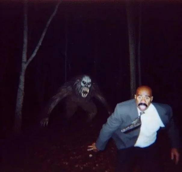 venturetwins's tweet photo. Steve Harvey being chased by monsters in the woods is my new favorite genre of AI images https://t.co/Z3tqm89erh