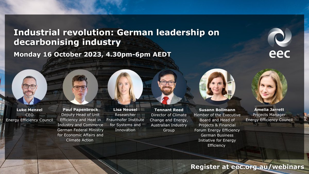 Our next free webinar runs on Monday, 16 October with international experts from Australia & Germany's energy efficiency sectors. See the future of Germany's industrial #energyefficiency policies and discuss how Australia can learn from them. bit.ly/3Q1s5pV