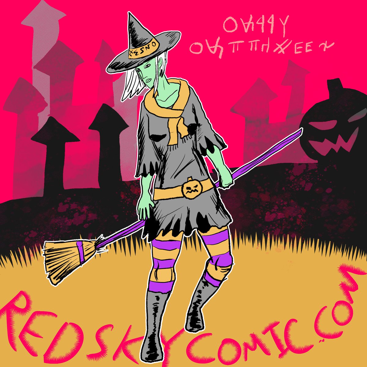Do you feel the Halloween spirit? Figuratively, of course.

#Halloween #Holiday #RedSky #HalloweenShouldBeADayOffFrFr  #comics #digitalart #witch