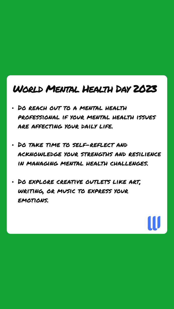 World Mental Health Day 💚

Here’s a list of things you should do!

Mental health matters and we’re here to remind you, you’re not alone. 

#MentalHealthAwarenessDay #MentalHealthAwareness #mentalhealth