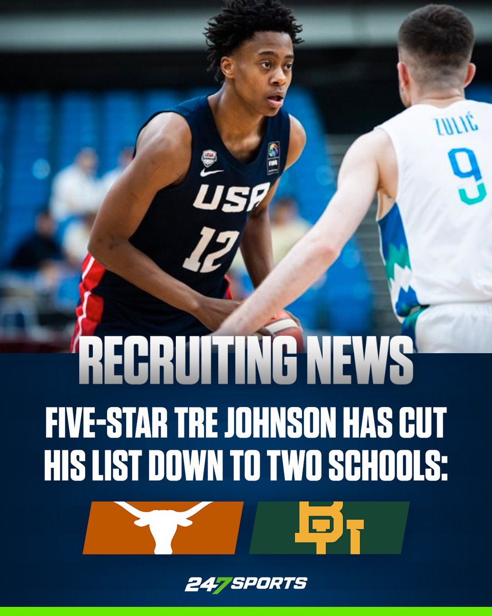 Top-five senior Tre Johnson will cancel the rest of his official visits and only consider Baylor &amp; Texas moving forward, he tells <a href="/247Sports/">247Sports</a>.

He breaks down his latest thoughts on #SicEm &amp; #HookEm: 

VIP | 247sports.com/college/basket…