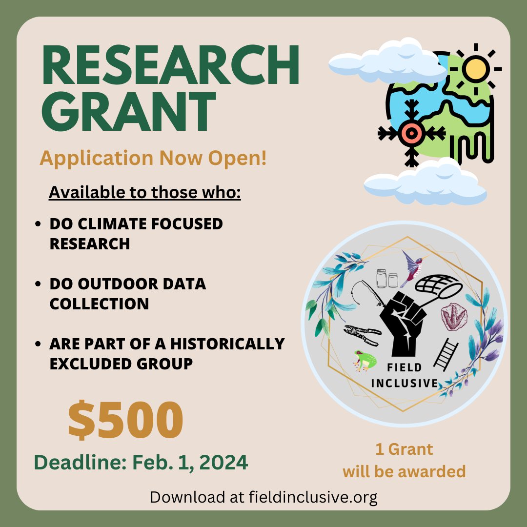 FI is happy to offer THREE $500 Research Grants for 2024! Two grants are available for natural science research, while one is available only for climate-focused research. To Apply: fieldinclusive.org/research-grant… Note: Applications from Non-United States institutions are not eligible.