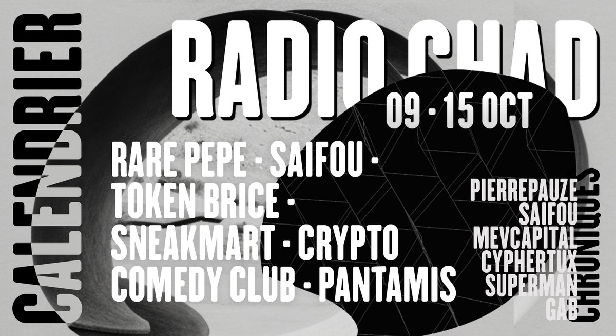 🔥09 - 15 OCTOBRE  🔥
L 09/10 : #NFT &amp; #ART avec <a href="/quentinbdb/">ffmad「クエンテイン」</a>
M 10/10 : #IA avec @s4ifou
M 11/10 : #stablecoins avec <a href="/TokenBrice/">tokenbrice.eth (🐜,🔍)</a> 
J 12/10 : #NFT avec @sneakmart 
V 13/10 : #crypto &amp; #humour avec <a href="/cryptocomedyfr/">Crypto Comedy Club</a> 
S 14/10 : Repos
D 15/10 : #Bitcoin  &amp; #ordinals avec <a href="/TheoPantamis/">Pantamis</a>