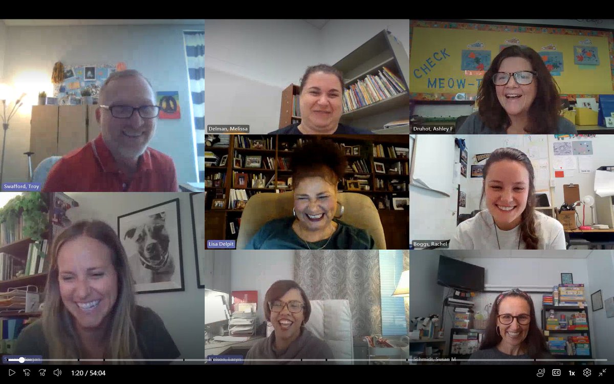 LarynBNelson's tweet photo. What an hour of POWER spent with Dr. Lisa Delpit! She so graciously agreed to chat (virtually) with 6 of my teachers who are pursuing their Ed.S. They asked particular, thoughtful questions related to her book, Other People's Children.🤯🤩🥰#InsightfulBook 
@LisaDelpit TY Dr.D https://t.co/7wSVDTD6Kt