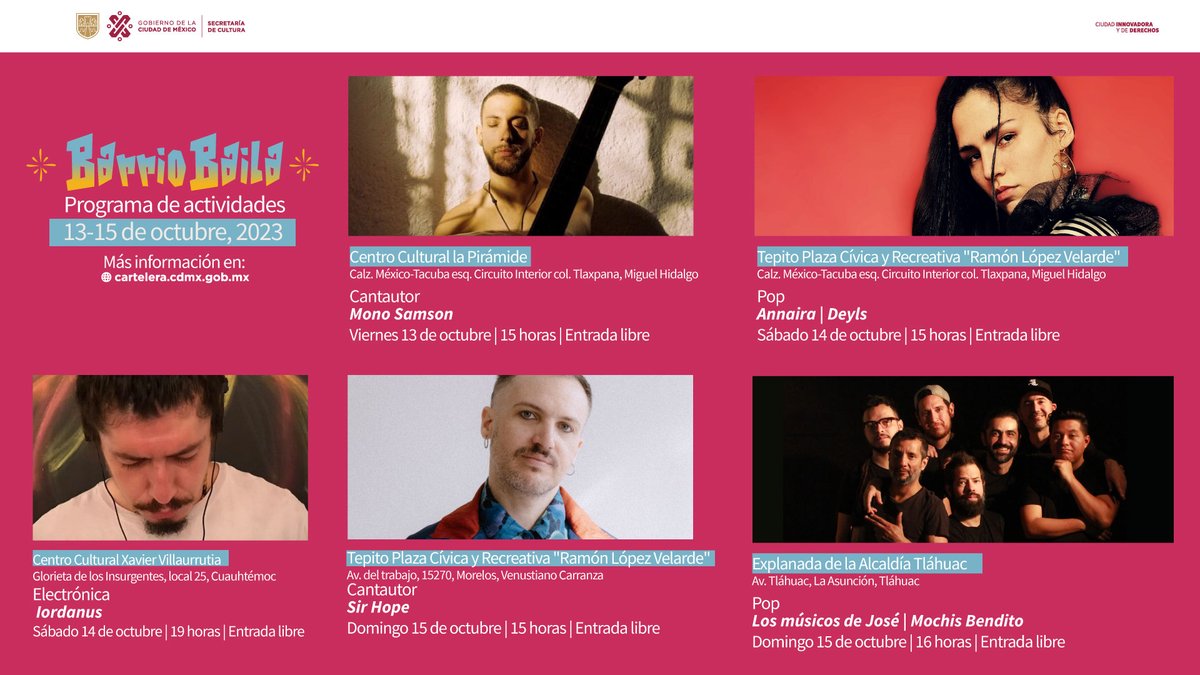 Esta semana, #BarrioBaila tiene preparados conciertos y presentaciones a cargo de <a href="/SIR_HOPE/">SIR HOPE</a>, <a href="/musicosdejose/">Los Músicos de José</a>, <a href="/BenditoMochis/">Mochis Bendito</a>, <a href="/Deylsmx/">Deyls</a>, Iordanus, Mono Samson y Annaira. Nos vemos en la Glorieta de los Insurgentes, <a href="/centro_piramide/">Centro Cultural La Pirámide</a>, Tepito Plaza Cívica y Recreativa "Ramón López