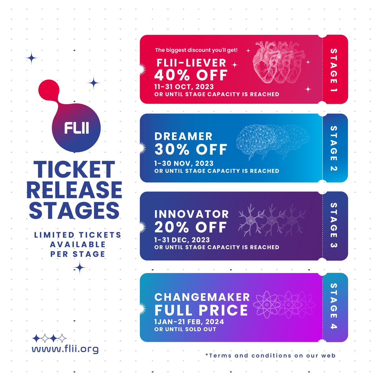 FLII_latam's tweet photo. 🎟 Este año nuestras entradas se venderán por etapas de compra. ⏰ ¡Cupo limitado!
💥Prepárate para reservar tu cupo en #FLIIConnect
🫀Etapa 1: FLII-LIEVERS 40% OFF
🧠Etapa 2: DREAMERS 30% OFF.
💫Etapa 3: INNOVATORS 20% OFF.
⚛ Etapa 4: CHANGEMAKERS Precio Full. https://t.co/ny8iad8nwR