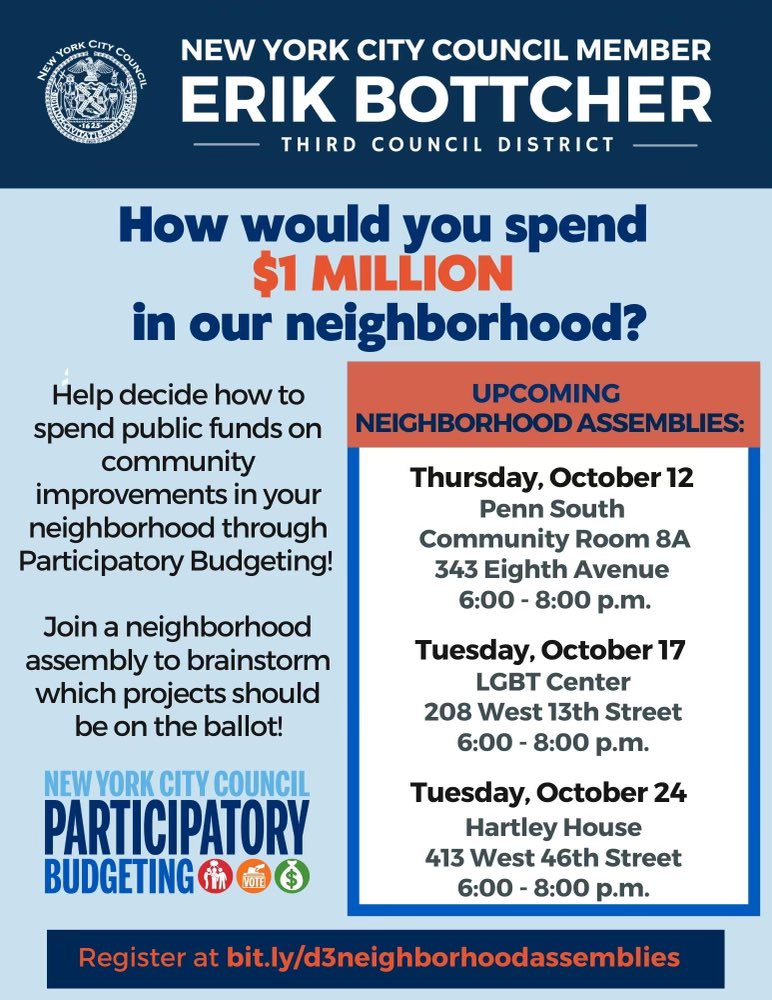 Join us in the #ParticipatoryBudgeting process and have a say in how we invest $1 Million in community improvements! Attend an upcoming neighborhood assembly in your neighborhood and learn about becoming a Budget Delegate. 

RSVP: bit.ly/d3neighborhood…
