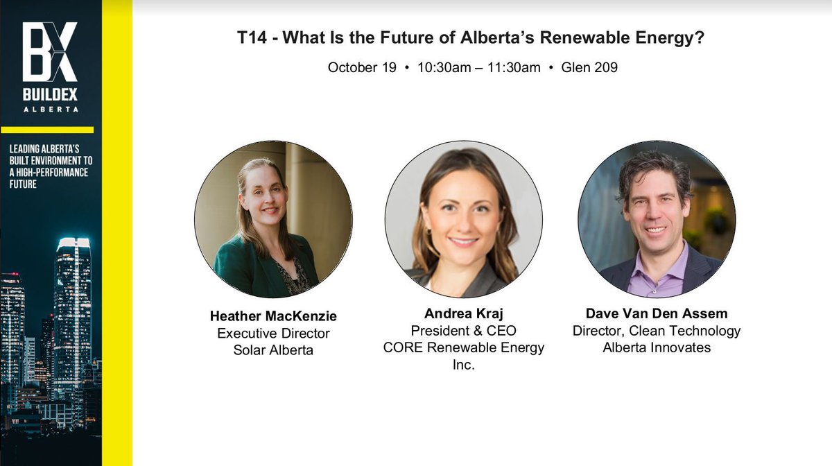 solaralberta's tweet photo. Join us at #BUILDEXAlberta October 18 - 19, 2023! Our Executive Director, Heather MacKenzie, will be speaking with Andrea Kraj and Dave Van Den Assem about the future of #RenewableEnergy in Alberta on October 19th at 10:30am!
Register today at: https://t.co/rWAYQCNW3E https://t.co/ZUdUUCZ2aL