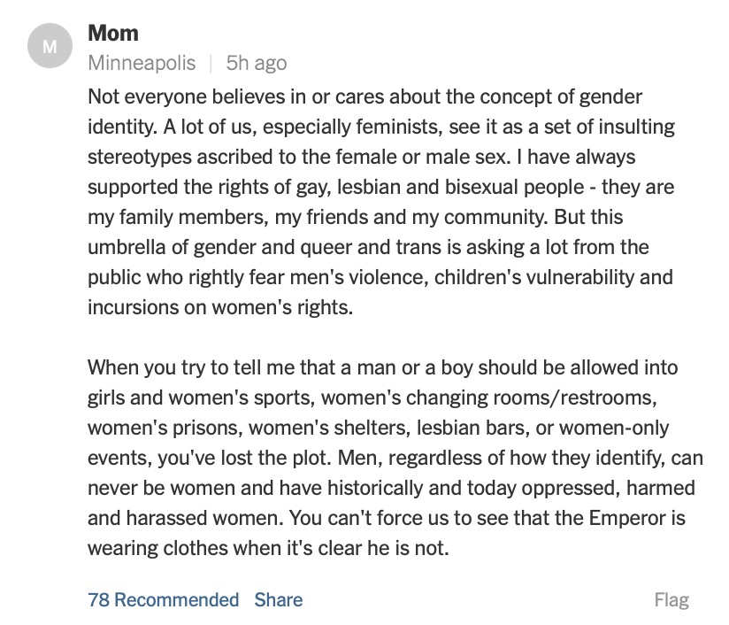 WomanWhoSaysNo's tweet photo. It's nice to see comments like this making it through the NYT censors. #YourMomIsATerf https://t.co/Oi4JPacRtz