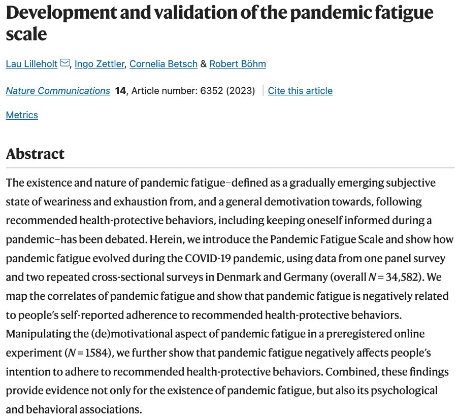 Robert Böhm (@robert_bohm) on Twitter photo 🚨NEW PAPER🚨 in <a href="/NatureComms/">Nature Communications</a>: "Development and validation of the pandemic fatigue scale". Led by <a href="/LauLilleholt/">Lau Lilleholt</a> and co-authored by Ingo Zettler, @CorneliaBetsch and myself. nature.com/articles/s4146… (1/6) 👇 🚨NEW PAPER🚨 in <a href="/NatureComms/">Nature Communications</a>: "Development and validation of the pandemic fatigue scale". Led by <a href="/LauLilleholt/">Lau Lilleholt</a> and co-authored by Ingo Zettler, @CorneliaBetsch and myself. nature.com/articles/s4146… (1/6) 👇