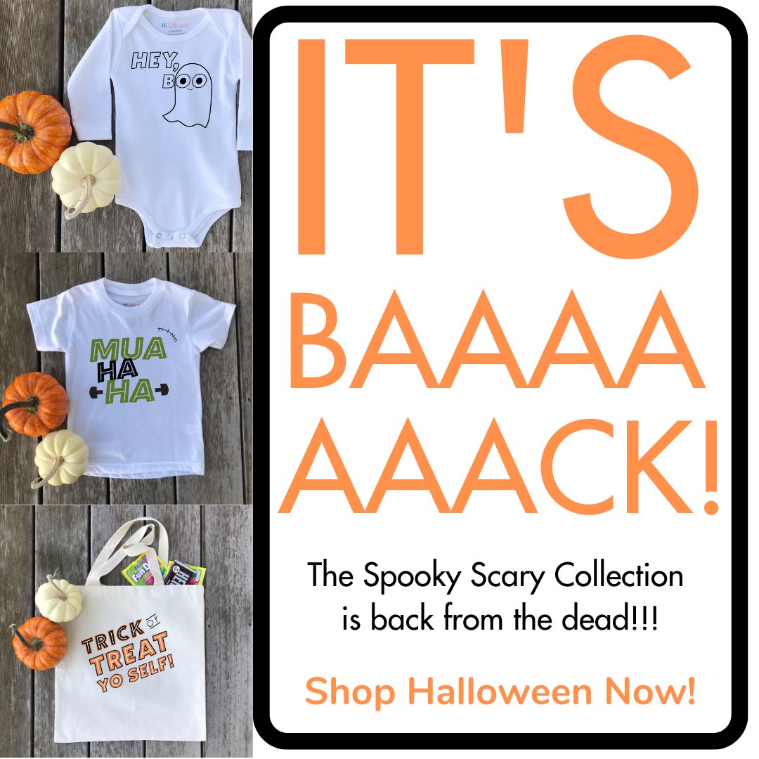 hilittleone's tweet image. 👻 Get into the Halloween spirit with our Spooky Scary Collection! 🎃 Enjoy 20% off your favorite trick-or-treat bags, t-shirts, and onesies with code Spooky20. Don&apos;t miss out on this boo-tiful offer! #HalloweenFun #SpookyScary #KidsFashion