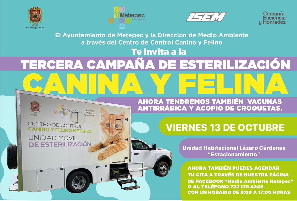 Agenda tu cita y fomenta la tenencia responsable de mascotas. La próxima jornada móvil de esterilización será en la “UNIDAD HABITACIONAL LÁZARO CÁRDENAS”. Te esperamos. #CiudadanosGobernando