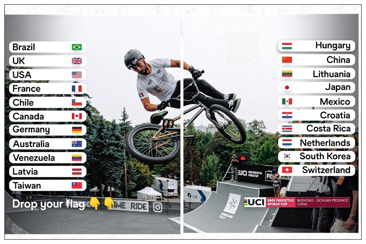 🔁 #repost
@ucibmxfreestyle
•
Drop your flags below. 👇
•
Who are you representing at the final round of the 2023 UCI BMX Freestyle World Cup? 👀
•
#bmxfreestyle #bmxfreestylewc #bmxbrasil #brasil #bmx #reels #eminentbmxtv
•
🔁Repostado: by @pebmx30
