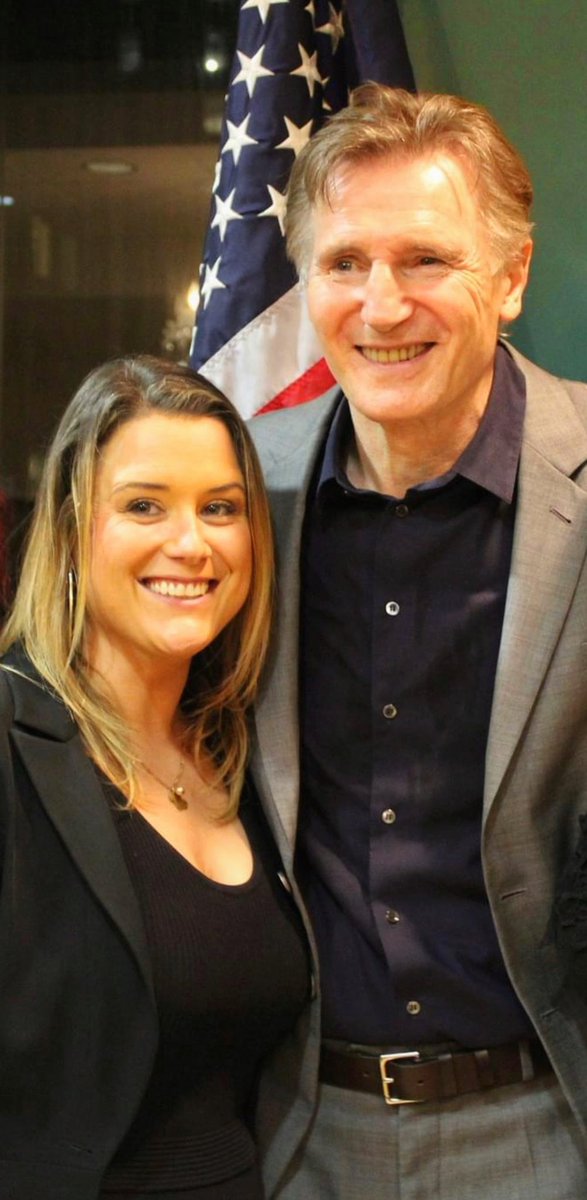 “Irish Artist Lauren White Murphy with Actor Liam Neeson. Lauren created an artwork of Liam and his late mother Kitty who passed during COVID. Both share the same birthday, June 7th. They had a lovely emotional exchange and the energy in the room was electric.. Liam loved it!..”