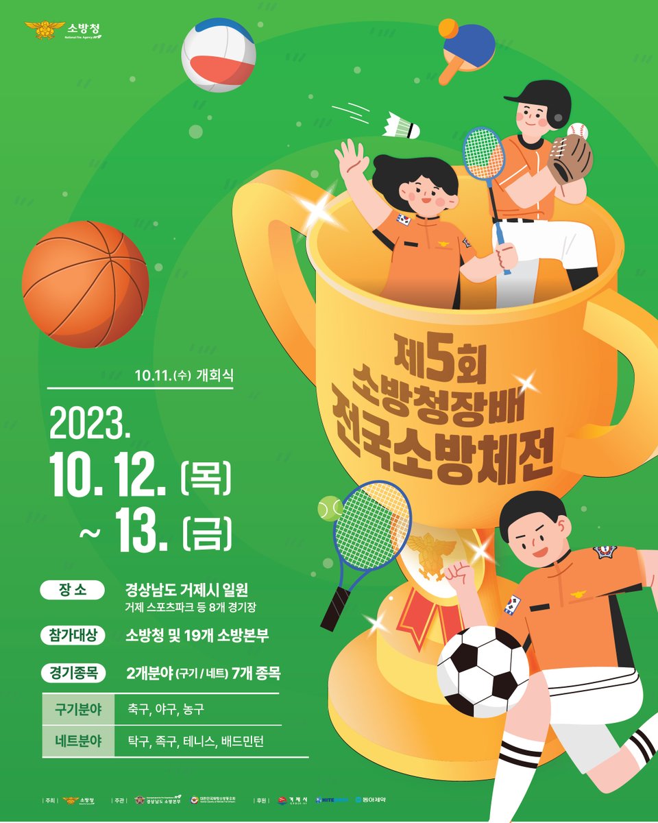 첫날부터 끝까지 다채로움 가득한
#제5회_소방청장배_전국소방체전 🎉​

개회식이 시작하는 오늘(11일)!

오후 2시 30분에는 #2023_제복_패션쇼 무대가,
오후 4시부터는 #제1회_전국소방_뮤직페스티벌」이 펼쳐진답니다!

지금 바로 거제에서 만나요~