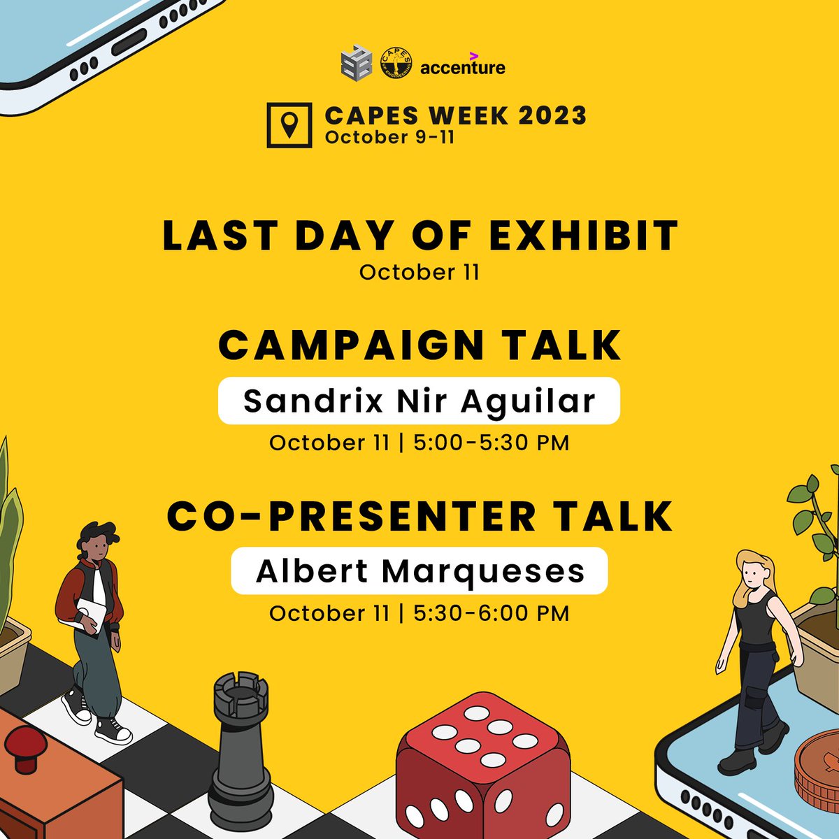 UPCAPES's tweet image. CAPES Week is coming to a close, but it&apos;s not over yet! 😉

Drop by at the Exhibit at Melchor Hall and listen to our talk with Accenture this afternoon. You can even win a raffle if you go to their booth! 🫢

#CAPESWeek2023
#UPCAPESat31
#BuildYourBase