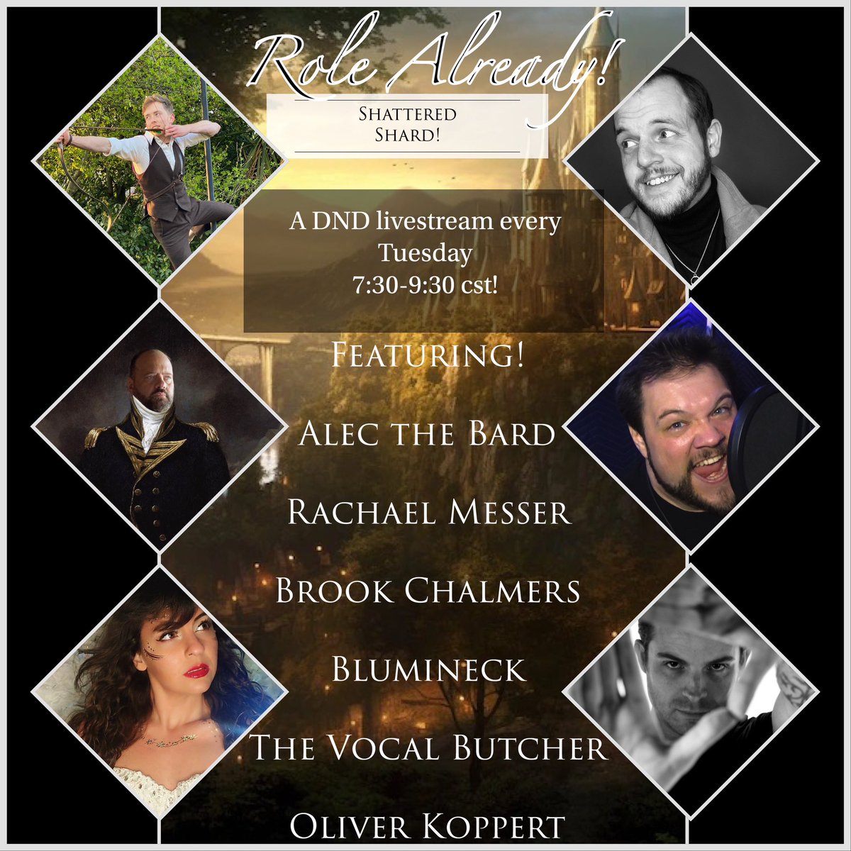 The Shattered Shard D&amp;D stream is going live on Twitch tonight in 10 minutes (7:30pm CST).  Old faces, different island, more unexpected shenanigans!  <a href="/AlecTheBard1/">AlecTheBard</a> <a href="/TheVocalButcher/">🤘 Homyk</a> <a href="/Blumineck1/">Blumineck</a> <a href="/OliverKoppert/">Oliver Koppert VO</a> <a href="/rachaelmesser/">Rachael (making antisemites mad) Messer</a> 
twitch.tv/rachaelmesser