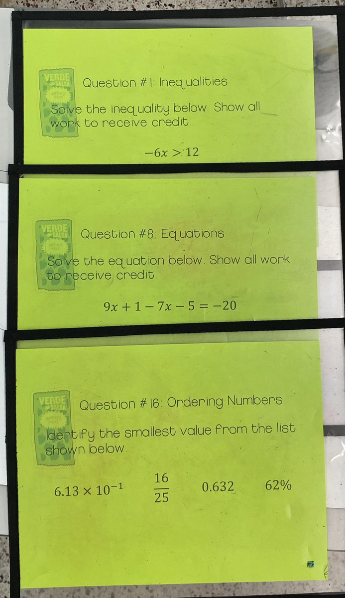 BensonVoss's tweet image. Data from our Friday spiraled assessment told us that Inequalities, Equations, and Ordering needed some attention so we had a taco sauce review! Verde, Mild, Hot, Fire! #engagement #actionabledata
