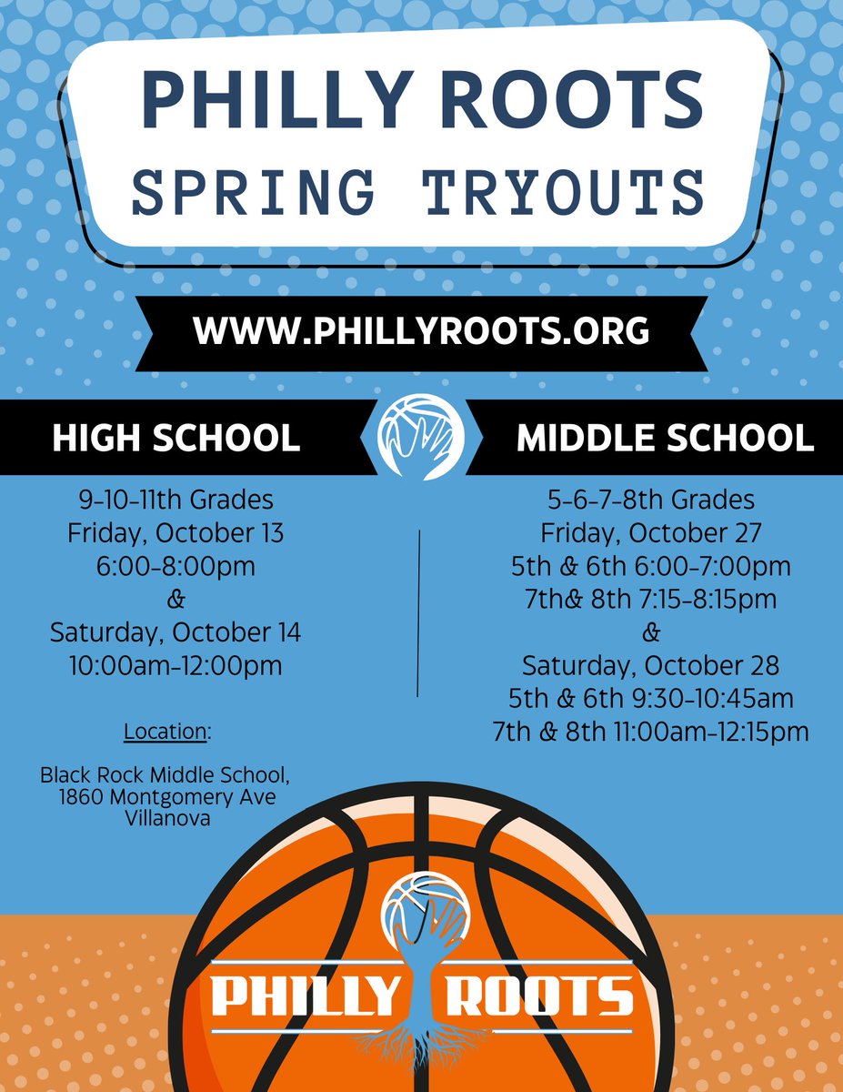 thephillyroots's tweet photo. Register for Spring Tryouts!
π¨High school tryouts this Friday 10/13 & Saturday 10/14 π¨
Middle school tryouts 10/27 & 10/28.
Register:
https://t.co/cwAeK4cNvd
#putdownroots #aaubasketballπ #girlsbasketball #girlsaaubasketball #phillyroots #phillyrootsbasketball https://t.co/tjrIu1M2yc