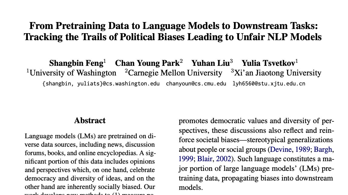 vipul_1011's tweet photo. Tracking the Trails of Political Biases Leading to Unfair NLP Models (ACL 2023 Best Paper)

Paper: https://t.co/VjrMg7fcy3

TLDR: Using political spectrum theories they show political bias propagates from train data to LMs to downstream tasks

Day 8 of #20daysofresponsibleAI #NLP https://t.co/siaiVmZJYF