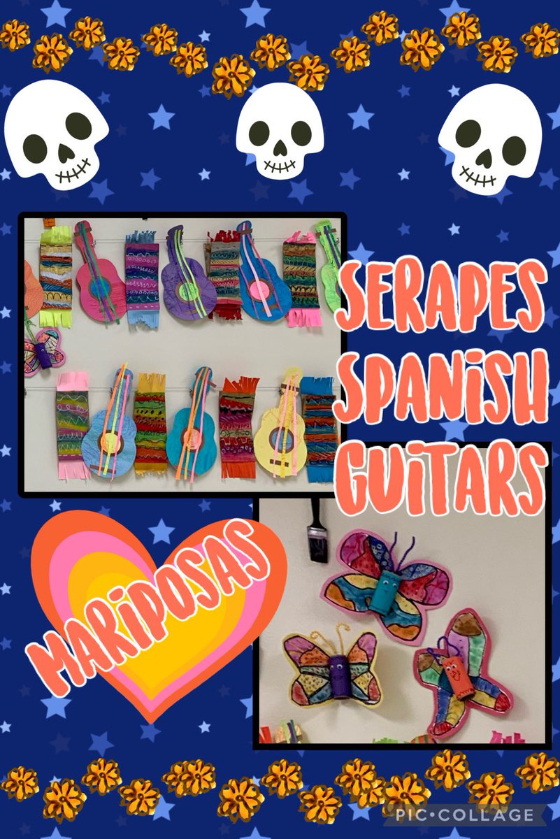 Celebrating Hispanic Heritage 2nd Mariposa Symmetry Form Color Kinder Spanish Guitars Texture Warm/Cool colors 1st Serapes Line Texture #ArtSmart