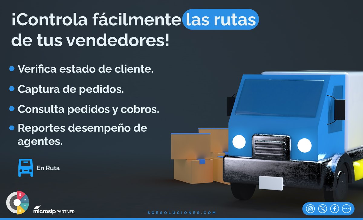 soesoluciones's tweet image. 🛣️ ¡Potencia tu eficiencia con Microsip! 🚀 Descubre nuestro asombroso beneficio del módulo en Ruta:
+Registra pedidos
+Optimiza tus entregas,
+Controla tiempos y maximiza tu productividad.
+Controla el desempeño de tus vendedores.
#Microsip #LogísticaOptimizada #ERP   #Software
