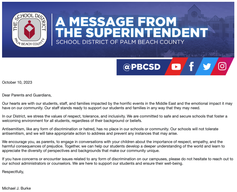 RabbiGoldberg's tweet photo. Superintendent Burke: I don't know you and want to give the benefit of the doubt, but "Horrific events in the Middle East?"  

Can you not say Israel?!  

Join me in contacting him at superintendent@palmbeachschools.org &amp; demand clarification &amp; a statement of support for Israel. https://t.co/sEpoSlRT6Z