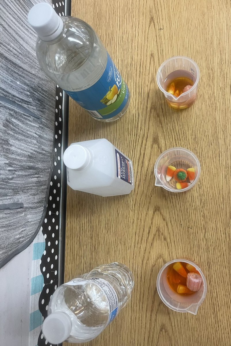 acoleman1913's tweet photo. Test It Tuesday: Disappearing Candy Corn 🎃

Our resident scientists predicted which liquid would dissolve candy corn the fastest.
 
Water, alcohol, vinegar (left to right)

It was neck and neck between water and vinegar, but after 60 minutes, look what happened! 

Which one won? https://t.co/2x1rSmrmiR