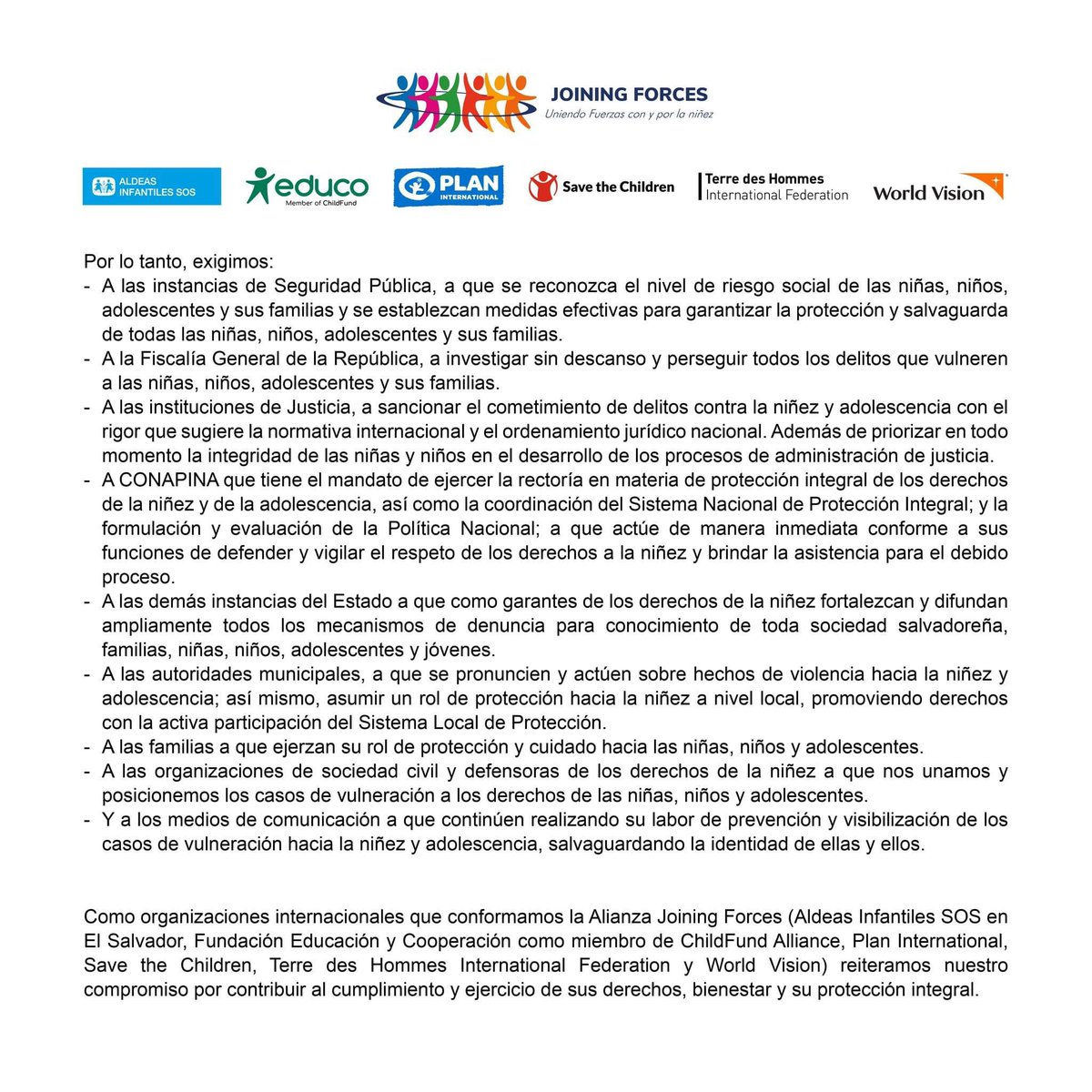 EducoSV's tweet photo. #Pronunciamiento

Como Alianza @JoiningForcesSV nos pronunciamos ante homicidio de niña registrado en el municipio de Soyapango. 

#JoiningForces https://t.co/xiJEhyfkhN