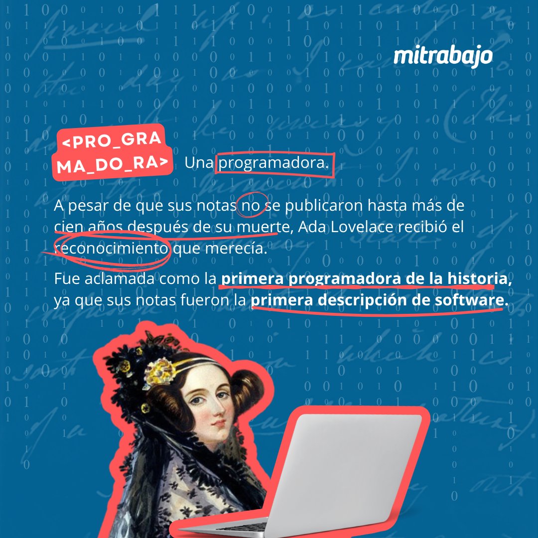 MiTrabajo_Red's tweet image. #AdaLovelace #Innovación #Software #Empresa #DíaDeAdaLovelace #MujeresEnTecnología #MiTrabajo