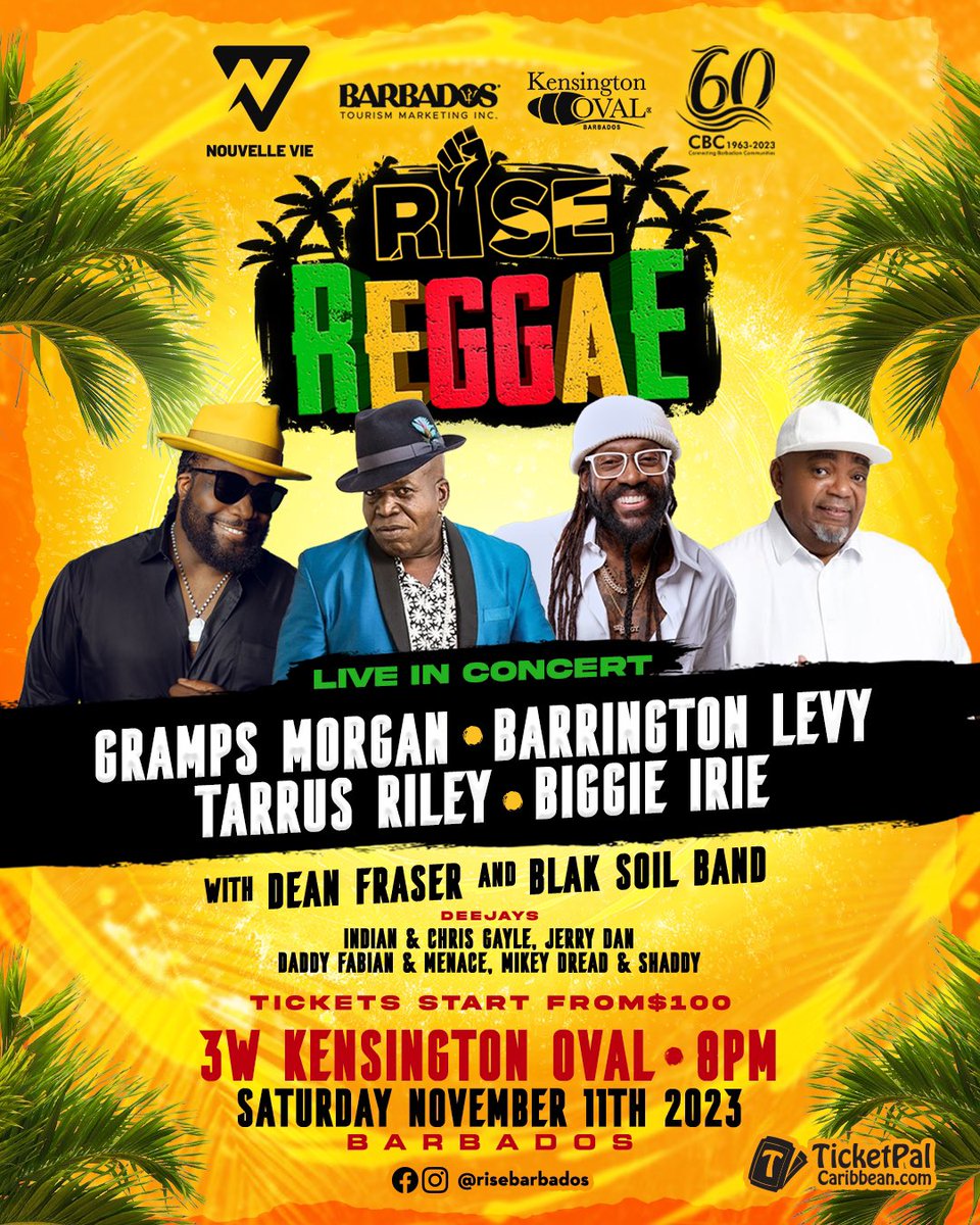 risebarbados's tweet photo. Make her feel Royal at RISE REGGAE‼️🔥🎶

📍3W’s Amphitheater, Kensington Oval
🕔 8pm 
🪖 General $100 BBD
🍾 VIP Drinks Inclusive $225 BBD 

Secure Your Tickets at any of our Box Offices Islandwide.

#TarrusRiley #DeanFraser 
#RiseReggae #ReggaeConcert #ReggaeMusic #Barbados https://t.co/cpF3RieBWK