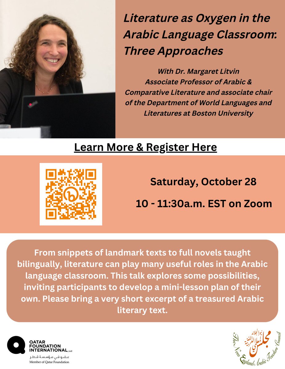 We are back for Fall 🍂2023 season! Join us for a talk on literature in the Arabic classroom with Dr. Margaret Litvin from Boston University. Saturday 10/28 at 10am on Zoom. Register here: bit.ly/3ZSxl3F