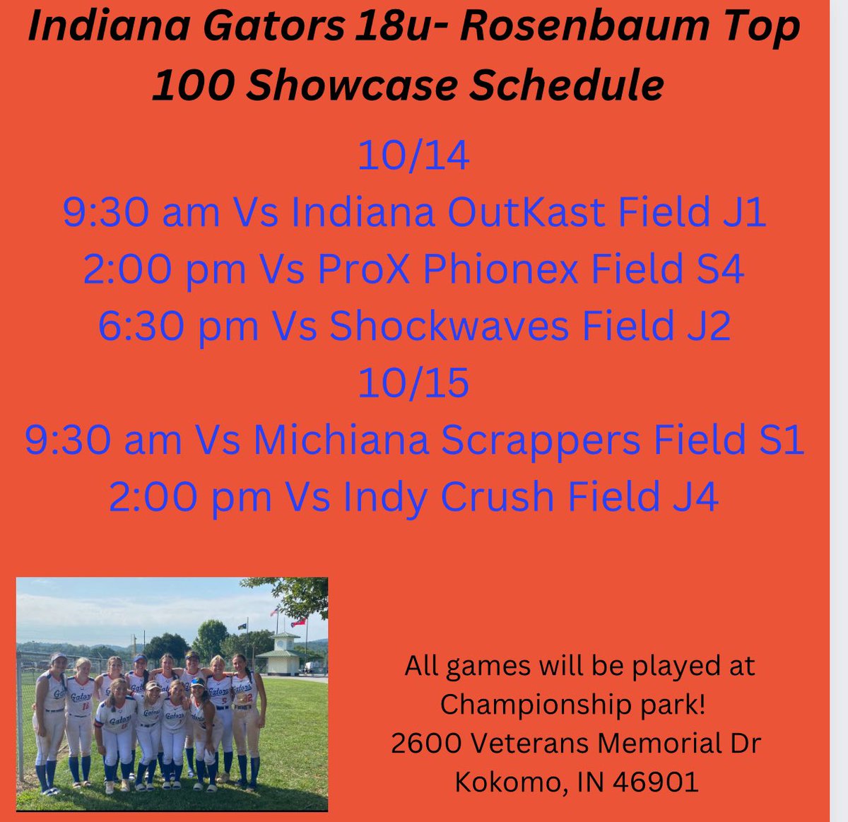 Here’s our Top 100 schedule for this weekend in Kokomo!🐊🐊🐊 <a href="/BUPilotsSB/">Bethel Pilots Softball</a> <a href="/NatNewell18/">Natalie Newell</a> <a href="/CoachKZMartin/">kelli zache martin</a> <a href="/TrollsSoftball/">Trinity Christian Softball</a> <a href="/IUS_Softball/">IUS Softball</a> <a href="/GVSUSoftball/">GVSU Softball</a> <a href="/daccwsb/">Danville Area Community College Softball</a> <a href="/MT_Softball/">Middle Tennessee Softball</a> <a href="/UTMSoftball/">UT Martin Softball</a> <a href="/IndianaSBLive/">Indiana Softball Live</a> <a href="/MichianaAthlete/">Student Athletes of Michiana</a>