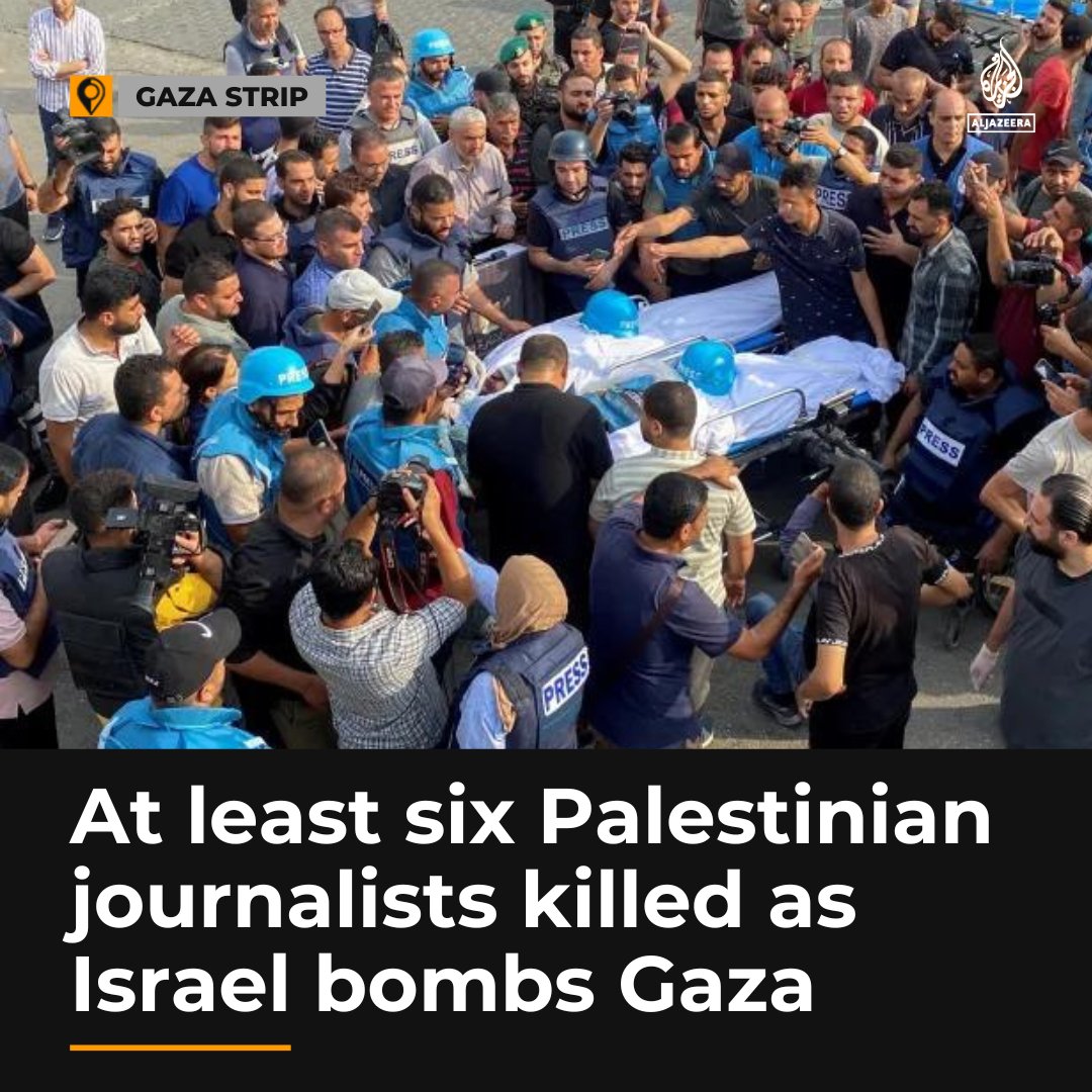 AJEnglish's tweet photo. @rawanalahmadd At least six Palestinian journalists have been killed in a matter of days, amid Israel’s ongoing shelling of the besieged Gaza strip https://t.co/wNcaKSVADE https://t.co/rqILqgfHxE