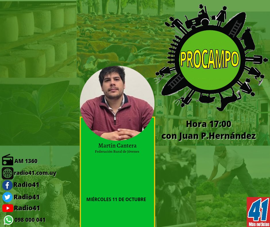 Hoy en #Procampo hablamos de los jóvenes del medio rural y sus inquietudes junto a <a href="/MartinCantera1/">Martín Cantera</a> de la <a href="/FRJovenesuy/">Federación Rural de Jóvenes</a>.

<a href="/ruralSJ/">Asociacion Rural de San Jose</a> 
<a href="/marlenevassella/">Marlene Vassella</a> 
<a href="/evelabrob/">Evelyne Laborda</a> 
<a href="/Chanmalevo/">Jorge Andrés Rodríguez</a> 
<a href="/federacionrural/">Federación Rural</a> 
<a href="/HernandezJuanpe/">Juan P.Hernández</a> 
<a href="/melcamejo1/">Melany Camejo</a> 
<a href="/anavet13/">Gringa Araújo🇺🇾🐏🌱🐂</a> 
<a href="/CarlosRydstrom/">Carlos Rydström</a> 
<a href="/MartnUria1/">Martín Uria</a> 
<a href="/AutinoBonjour/">Nicolás Autino Bonjour</a>