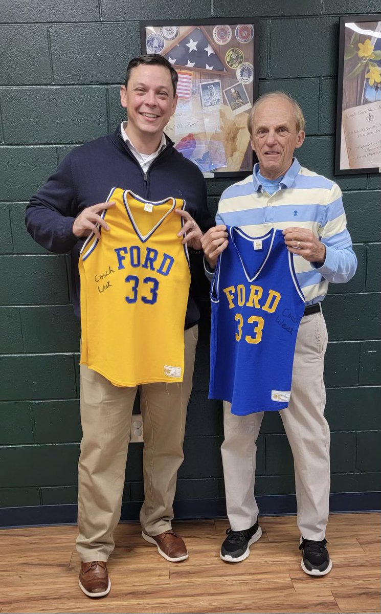 I had the pleasure of having Coach Eddie West stop by the school today to sign two vintage Ford Eagle basketball jerseys. I’ll treasure these; Coach West is such a giant of influence among those of us who came through Ford during a certain time period.