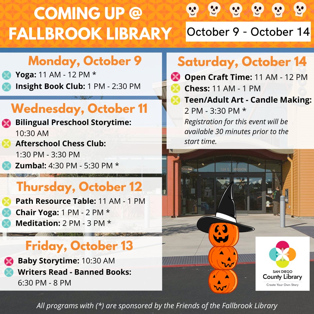 FallbrookSDCL's tweet image. Check out this week&apos;s events at the library!
#fallbrooklibrary #fallbrook #fallbrookca #sdcl