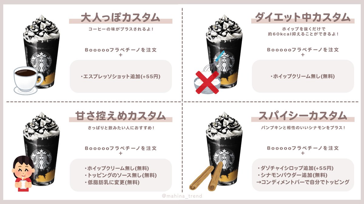 mahina_trend's tweet photo. 今日からスタバで発売の新作！
#Boooooフラペチーノ の
ｵｽｽﾒカスタムをまとめたよꔛ

レジで見せるだけで簡単に注文できるよ👻
ぜひ試してみてね🖤ˎˊ˗

#スタバ #スタバ新作 https://t.co/NtJx3yXk8p
