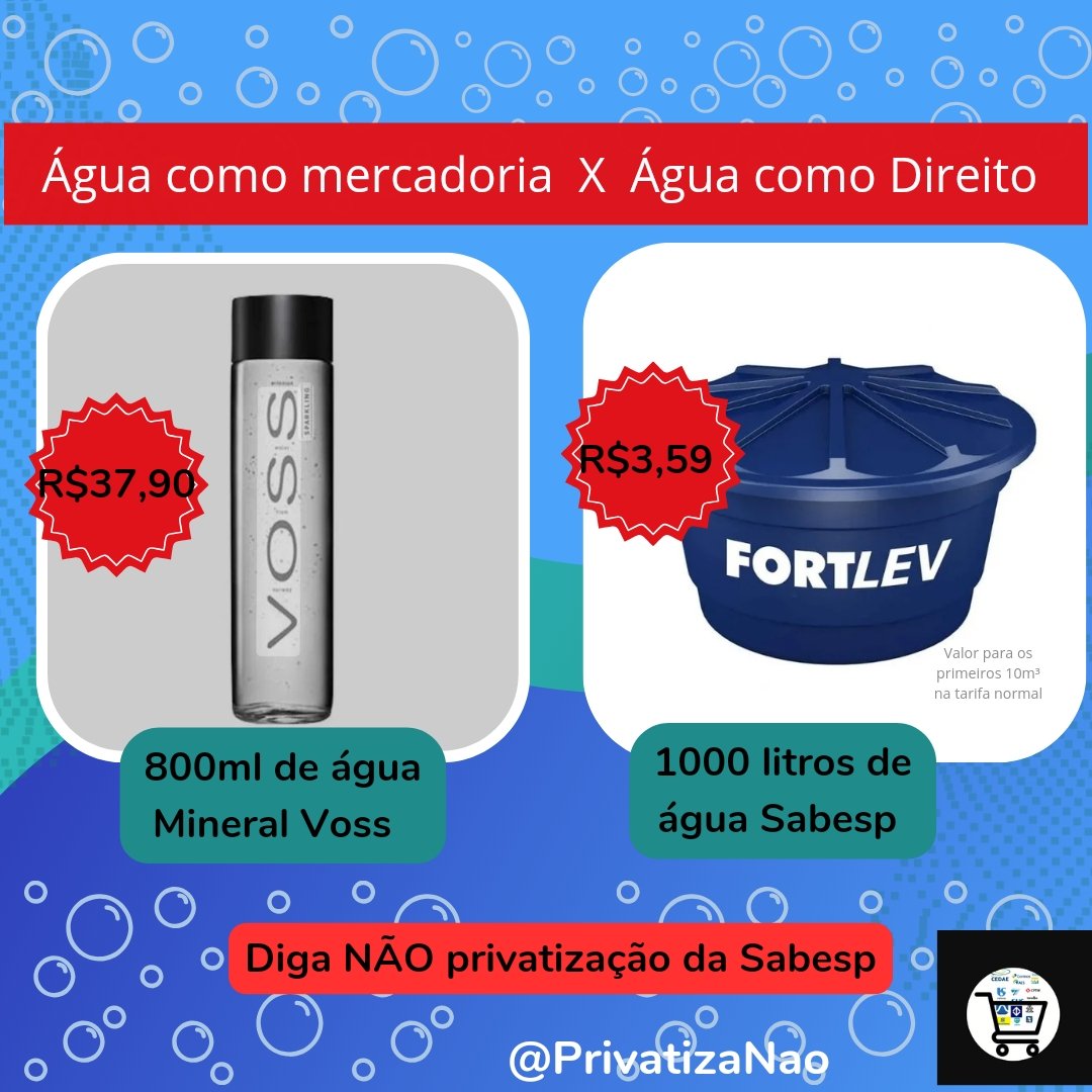Privatiza_nao's tweet image. A população de SP já se deu conta, que a privatização da #Sabesp é transformar água em mercadoria?
O valor pago em 1000 litros de água na tarifa normal, é mais barato que a água vendida em estabelecimentos comerciais. (1/2)