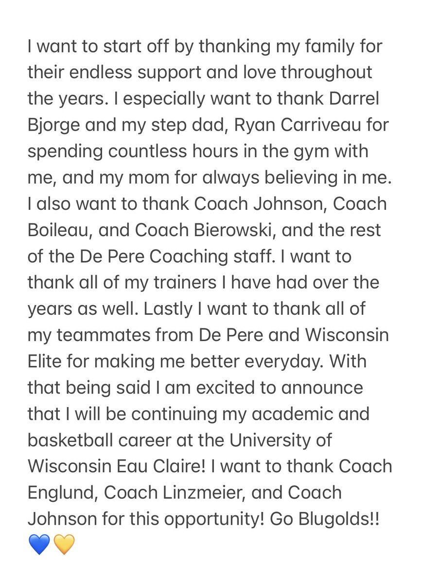 Can’t wait to be a Blugold!!💛💙 <a href="/UWECWBB/">UW-Eau Claire Women’s Basketball</a> <a href="/DPGirlsBB/">De Pere Girls BBall</a> <a href="/wielite/">Wisconsin Elite Basketball</a>