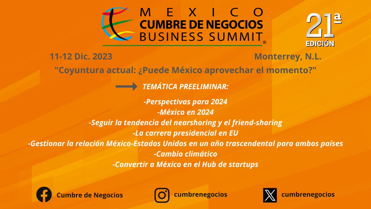 Las orientaciones de la 21a. edición de México Cumbre de Negocios incluyen temas muy interesantes sobre el contexto actual. Aún estás a tiempo de registrarte y aprovechar la cuota especial vigente hasta el 31 de octubre. Informes en los teléfonos 5547441220 y 5552039316