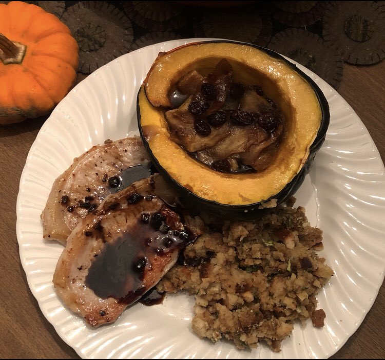 Linda’s fall meal: Balsamic glazed chops, acorn squash with apples, raisins and brown sugar and yes, Stove Stop Stuffing….which compliments both perfectly.