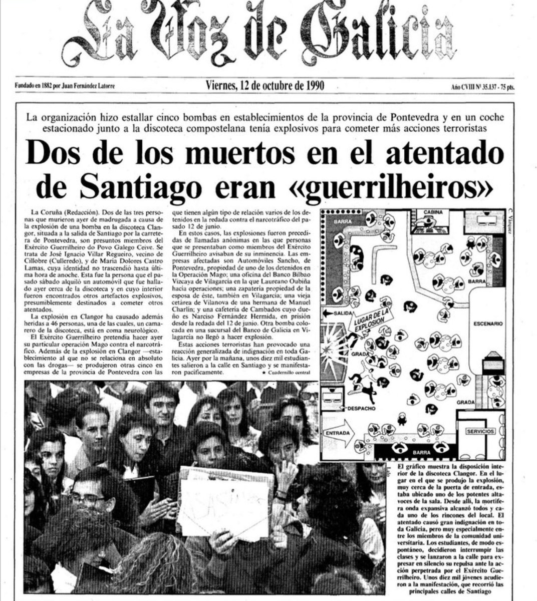 Un día como hoy de 1990 el Exército Guerrilheiro do Povo Galego Ceive (#EGPGC) asesinó en #SantiagoDeCompostela a MARÍA MERCEDES DOMÍNGUEZ RODRÍGUEZ. 

Fue víctima, junto a 2 terroristas, de la explosión de una bomba que éstos colocaron en una discoteca.

#MEMORIA