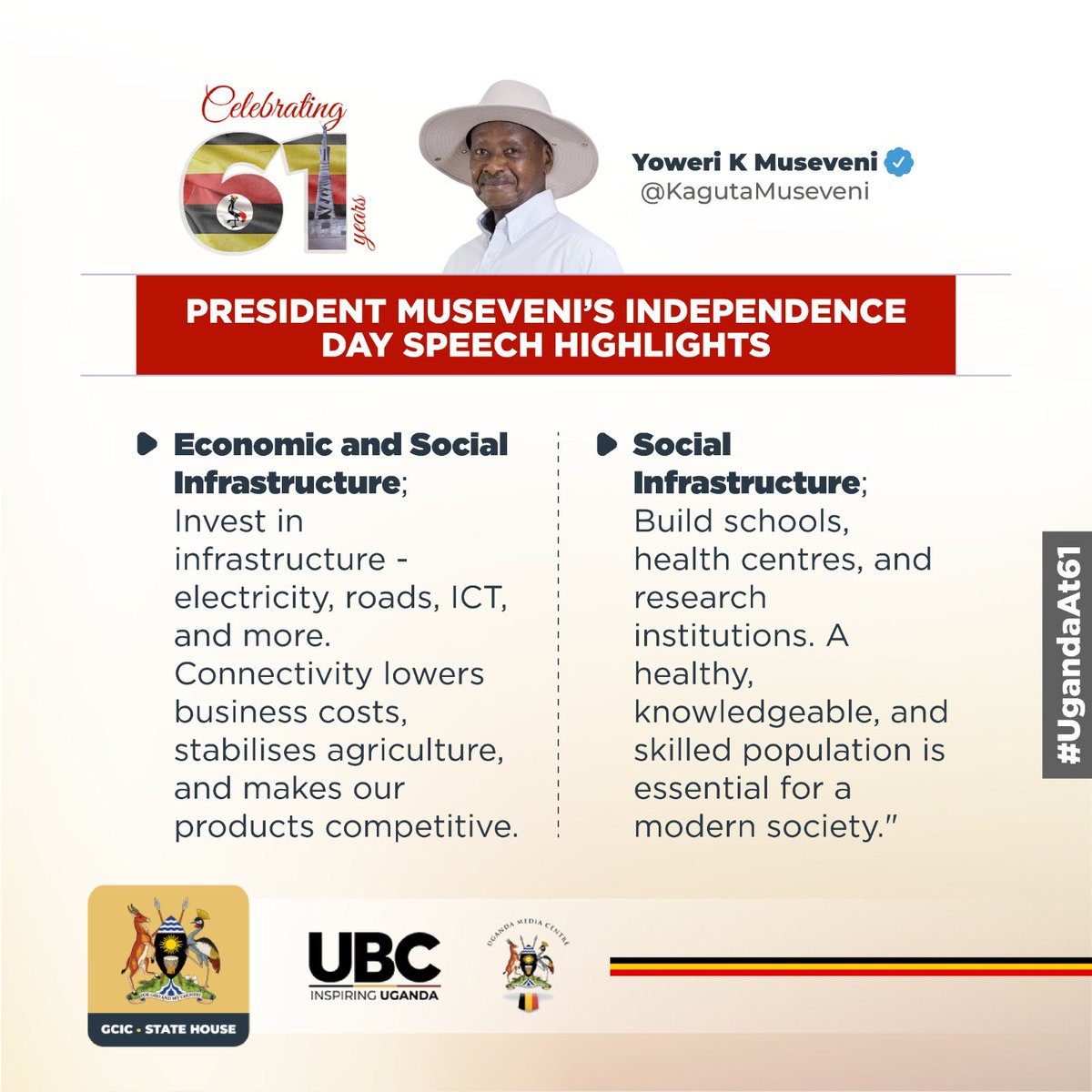 AtwookiCarol's tweet photo. President @KagutaMuseveni underscores Uganda's commitment to enhancing economic and social infrastructure during the 61st Independence Day celebration in Kitgum district.
#UgAt61
#UgandaAt61 https://t.co/EU5yO1lR8Q
