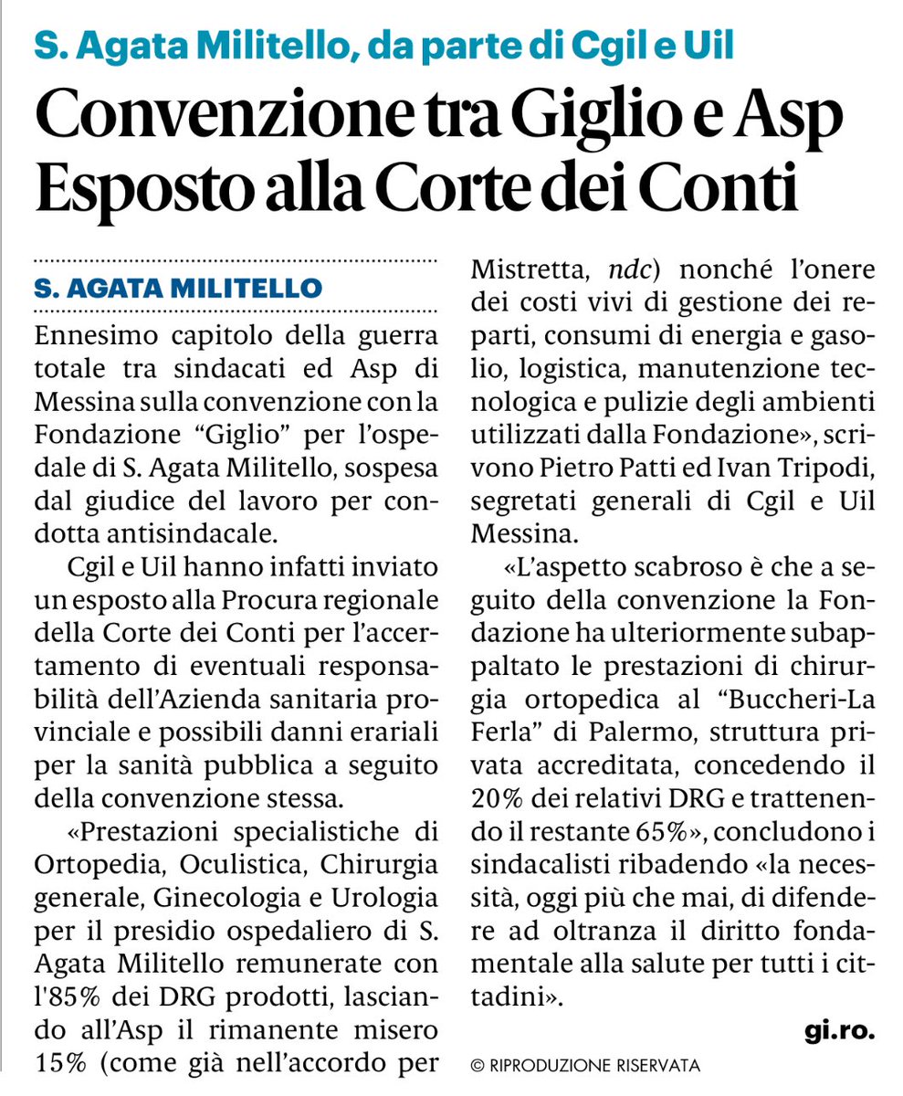 🔵Gazzetta del Sud (11.10.2023) 🔵
#uil #messina #sanita #dirittoallasalute #noallaprivatizzazione #ospedale #santagatadimilitello #fondazionegiglio