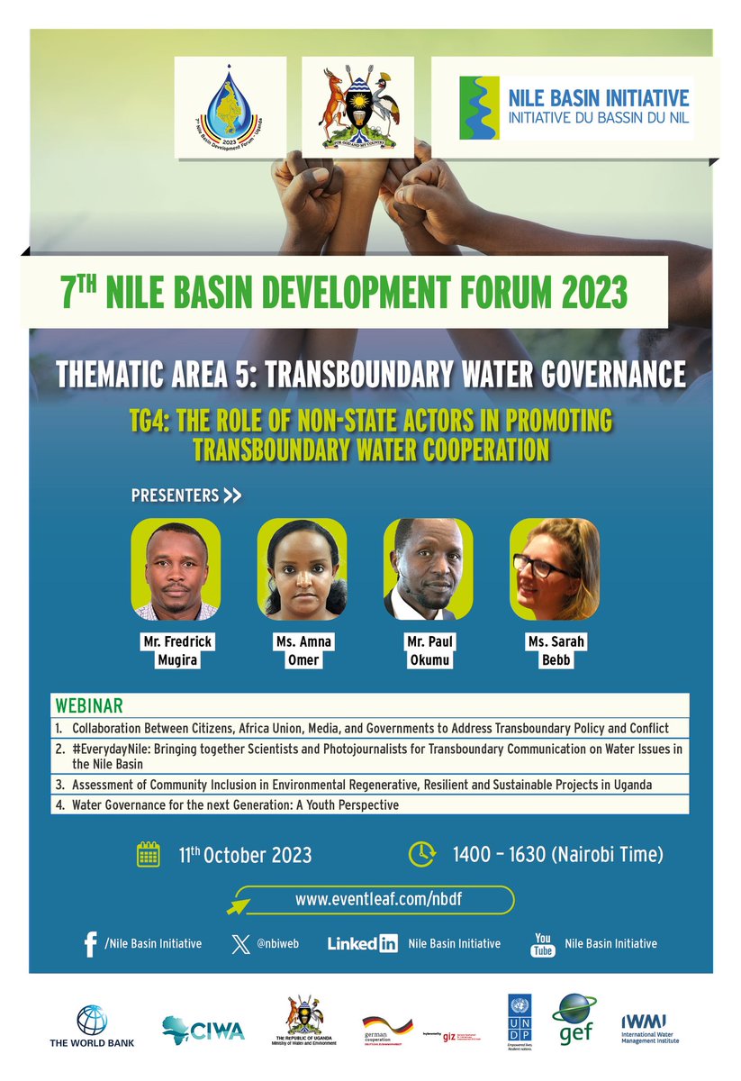 nbiweb's tweet photo. 📣Today we’re taking a deep dive into the  #TransboundaryWaterGovernance theme at the 7th #NBDF Webinar Series and exploring Legal &amp; Institutional Frameworks as well as the Role of Non-State Actors. 

🛜 Join us online for free: https://t.co/HbwXuYLZBP
#NileCooperation #NBDF https://t.co/0L5NbgU2hz
