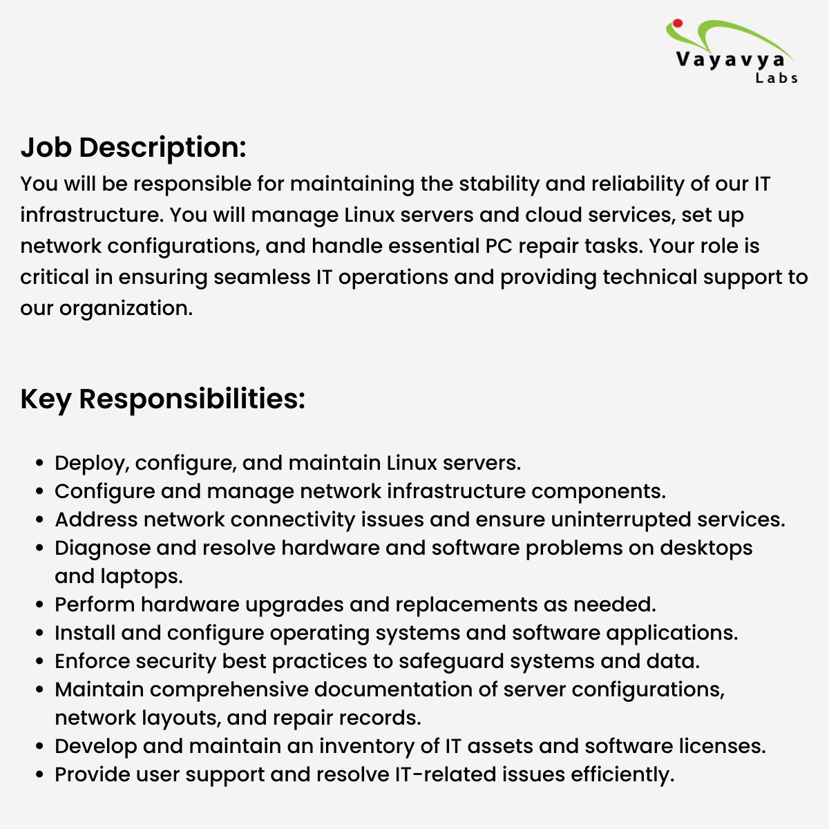 vayavya's tweet image. We are looking for a talented and proactive #SystemAdministrator to join our IT team. If you are passionate about #Linux server management, #networking, and basic PC repair, we encourage you to apply for this exciting opportunity.

#Hiring #CareerAtVayavya